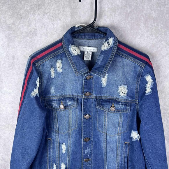 Crave Fame Distressed Denim Jacket Size L with Red Shoulder Stripes - Picture 4 of 9